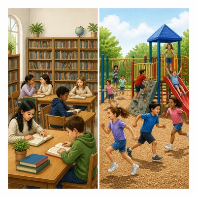 A quiet school library beside a busy school playground.