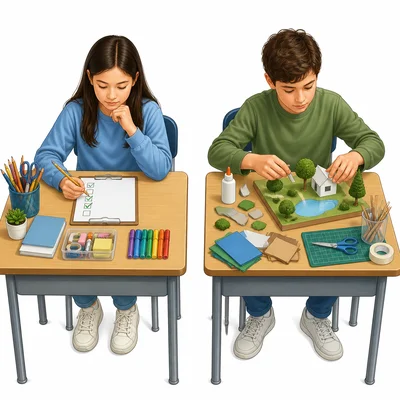 Two students working differently on projects, one planning and one starting quickly.