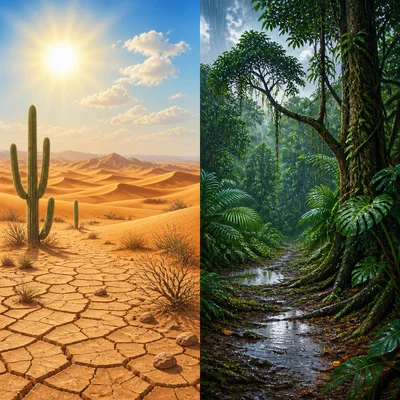 A dry desert shown beside a wet rainforest.