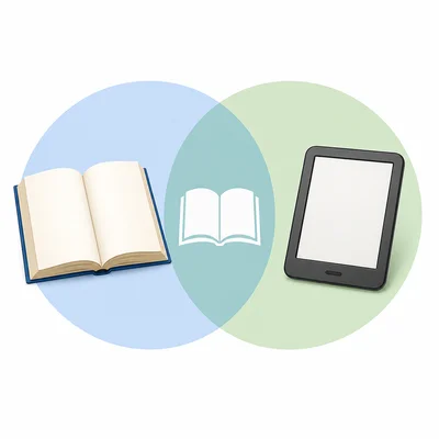 A blank Venn diagram comparing a printed book and an e-book.