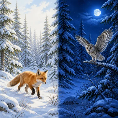 A young fox and a young owl in the same snowy woods at different times.