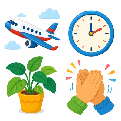 A plane, a clock, a plant, and clapping hands.