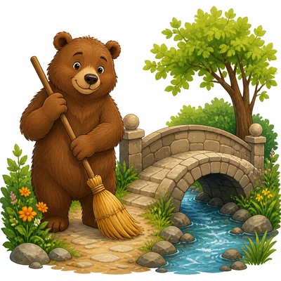 A brown bear with a broom near a bridge.