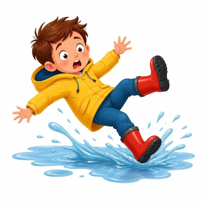 A child slipping on a puddle.