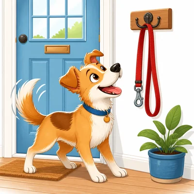 An eager dog wags its tail by the door for a walk.
