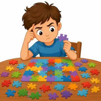 A child works hard on a difficult jigsaw puzzle.