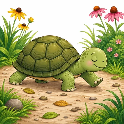 A sluggish turtle slowly crosses a path.