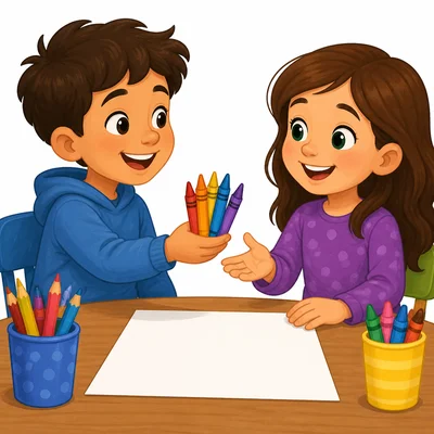 A generous child shares crayons with a friend.