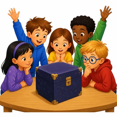 Curious children look closely at a closed mystery box.