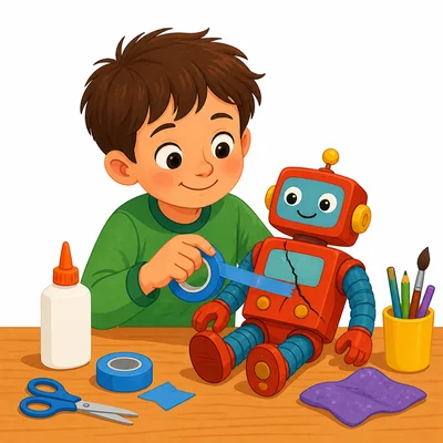 A child repairs a broken toy with tape and glue.