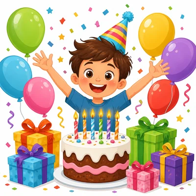 A joyful child smiles at a birthday party with balloons, cake, and presents.