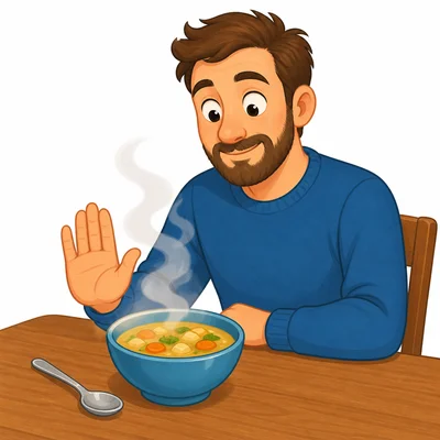 A steaming bowl of hot soup sits on a table while Dad waits.