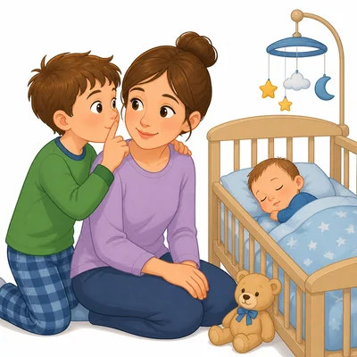A child whispers while a baby sleeps in a crib.