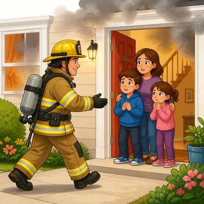 A firefighter bravely goes into a smoky building to help a family.