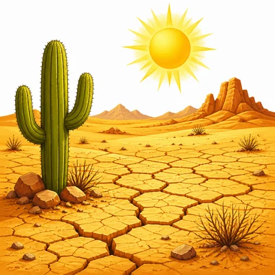 A dry desert with cracked ground, sand, sun, and a cactus.