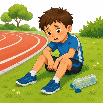 An exhausted child rests after running.