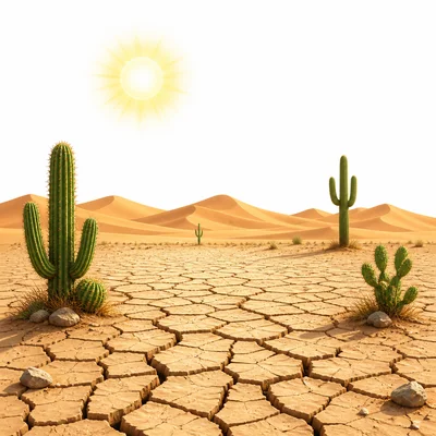 A dry desert with cracked ground, cactus plants, and hot sun.