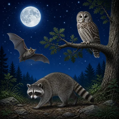 An owl, bat, and raccoon are active at night.