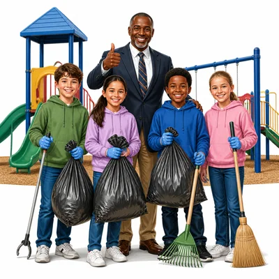 A principal praises students for cleaning a playground.