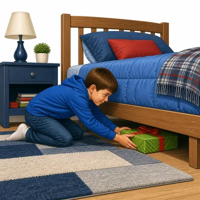 A child hides a wrapped gift under a bed.