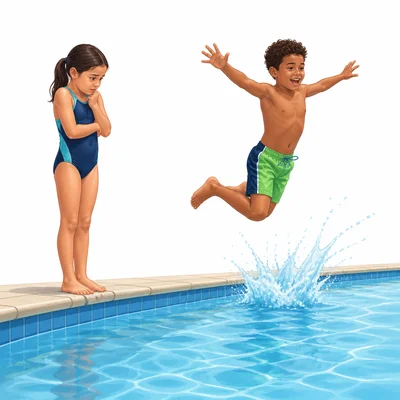 One child hesitates at the pool edge while another jumps in.