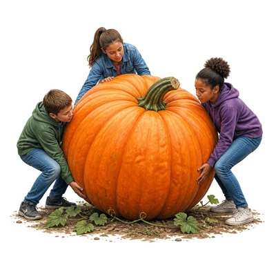 Three children try to lift an enormous pumpkin.