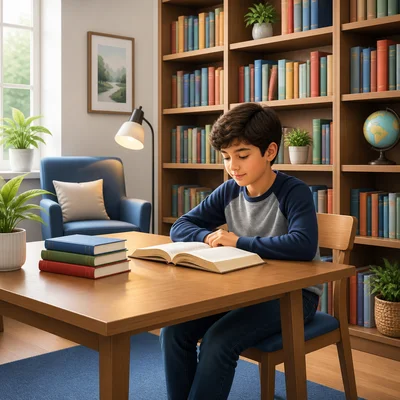 A calm library with a child quietly reading.