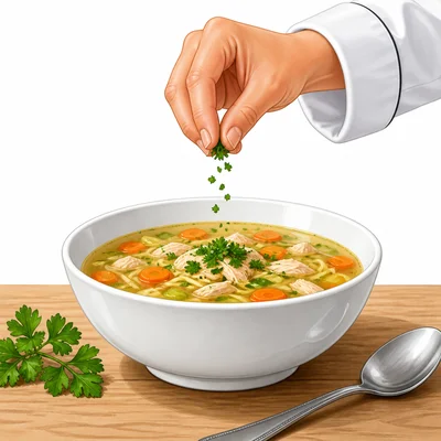 Parsley is sprinkled on top of a bowl of soup.