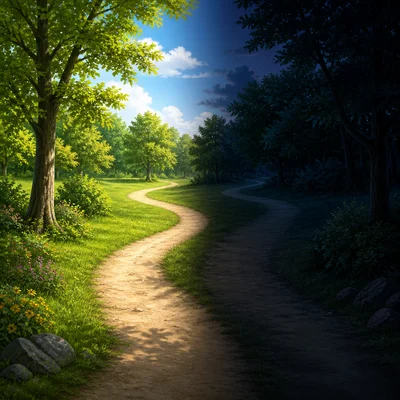 A path is easy to see in daylight but hard to see in darkness.