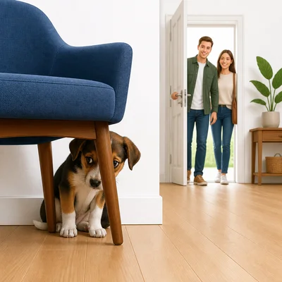 A shy puppy hides behind a chair as people enter.