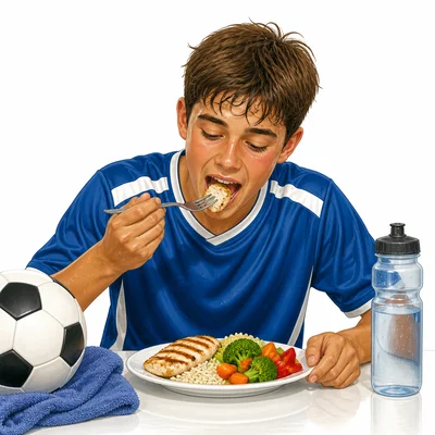 A tired soccer player eagerly eats food after practice.