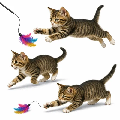 An energetic kitten runs, leaps, and chases a toy in a room.