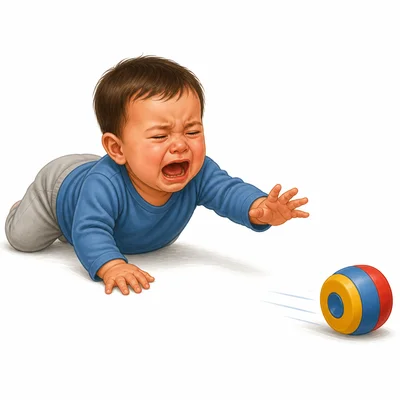 A baby cries loudly after a toy rolls away.