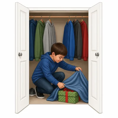A child hides a wrapped gift under a blanket in a closet.