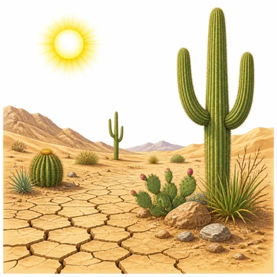 A dry desert with cracked ground, sand, cacti, and bright sun.