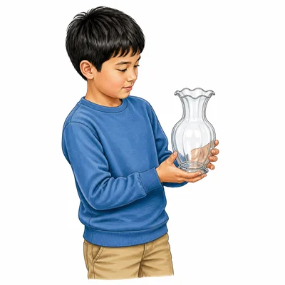 A child carefully carries a delicate glass vase.