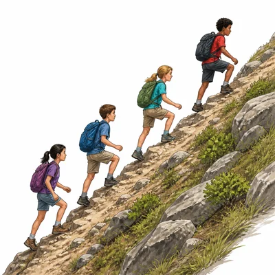 Children climb a sharply rising trail on a steep hill.