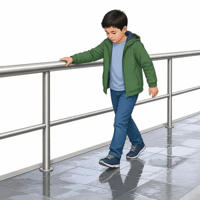A child carefully walks across a wet floor while holding a railing.