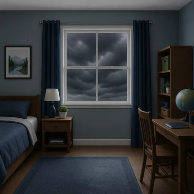 A dim room with dark clouds blocking sunlight through the window.