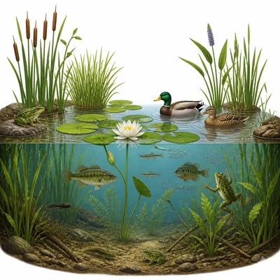 A pond habitat with frogs, ducks, fish, reeds, and lily pads.