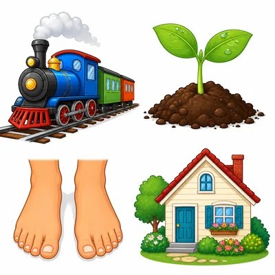 A train, soil with a sprout, feet, and a house.