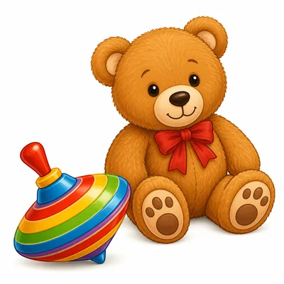 A colorful toy top and teddy bear.