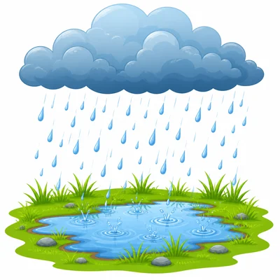 Rain falling from a cloud onto grass and a puddle.