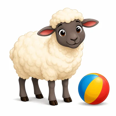 A sheep standing near a round ball.