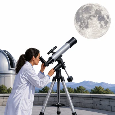 A scientist uses a telescope to look at the moon.