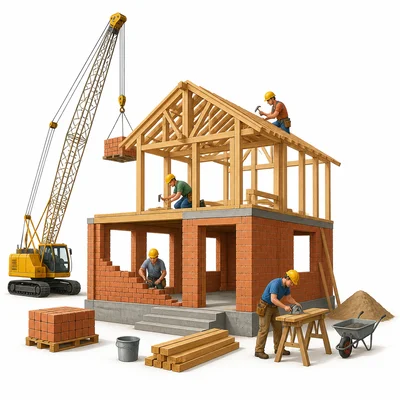 Workers build a structure at a construction site.