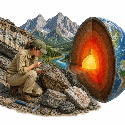 A geologist studies rocks and Earth layers.