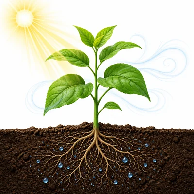 A plant uses sunlight, water, and air for photosynthesis.