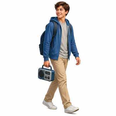 A student carries a small object with a handle.