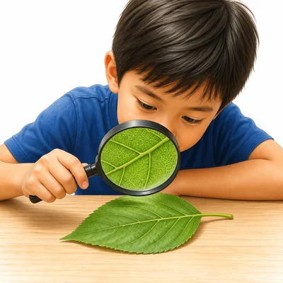 A child inspects a leaf with a magnifying glass.